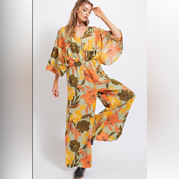 Easel Floral Jumpsuit in Orange and Green - Picture 1 of 5